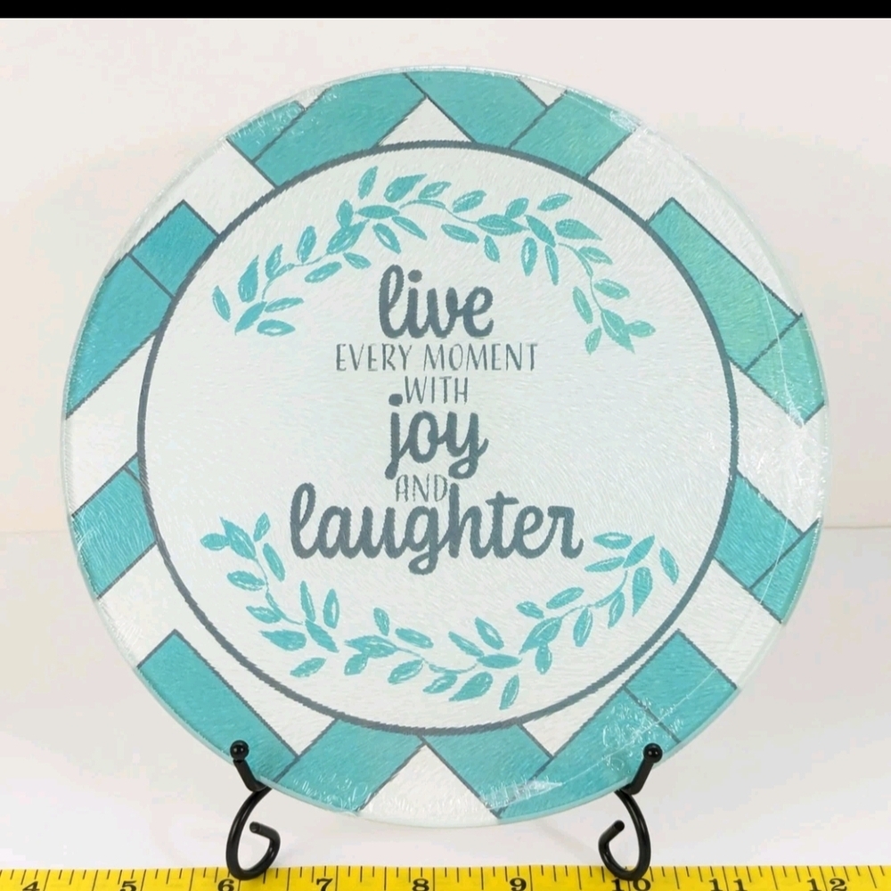 Blue & White Live Every Moment With Joy Glass Trivet/ Cutting Board Round 8”